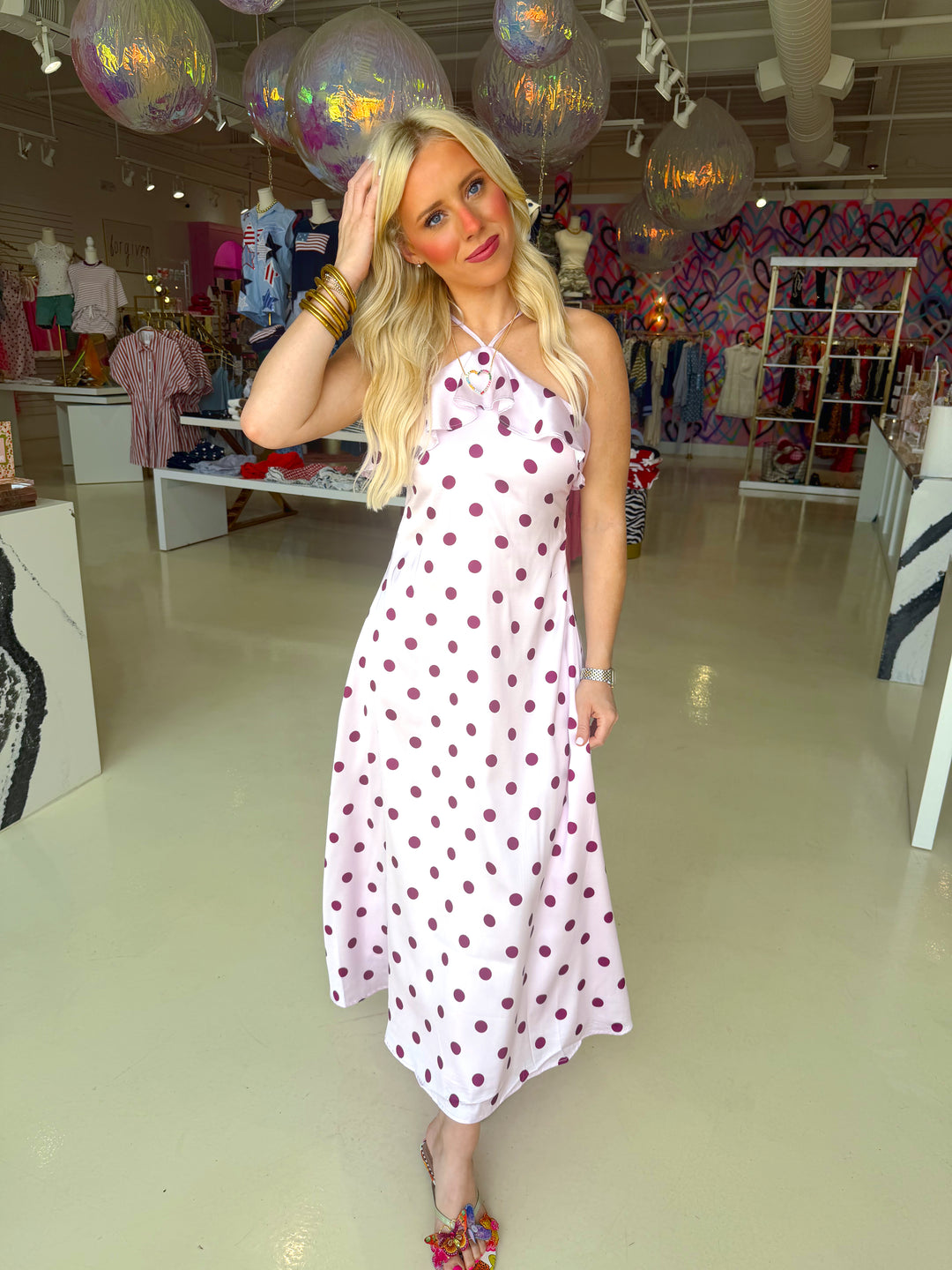 Polka Dot Print Ruffle Trim Slip Midi Dress