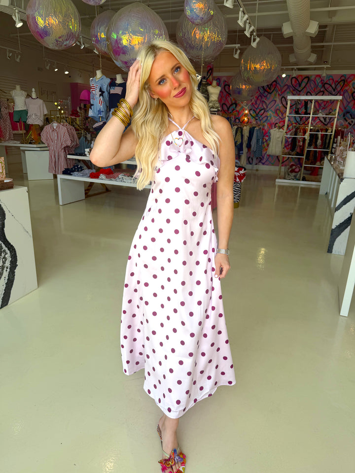 Polka Dot Print Ruffle Trim Slip Midi Dress