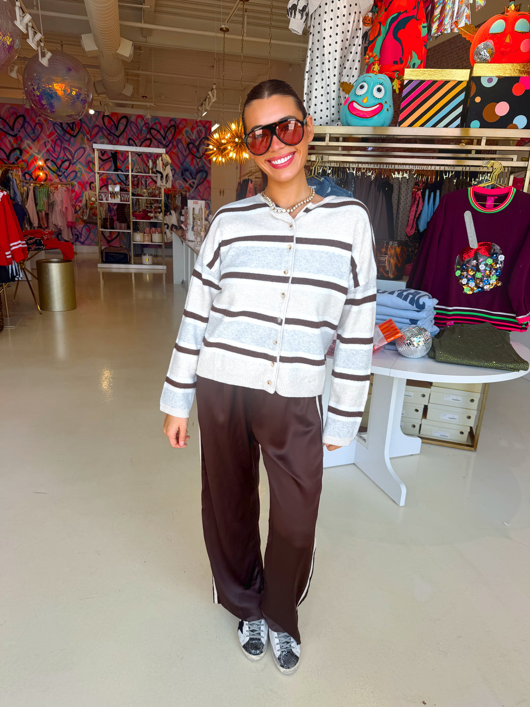 Brown Side Stripe Satin Pants