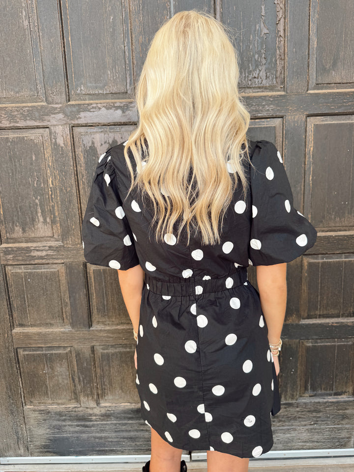Black Polka Dot Ruched Puff Sleeve Mini Dress