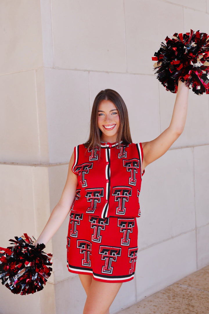 QOS Texas Tech Rhinestone Button Up Knit Tank Top