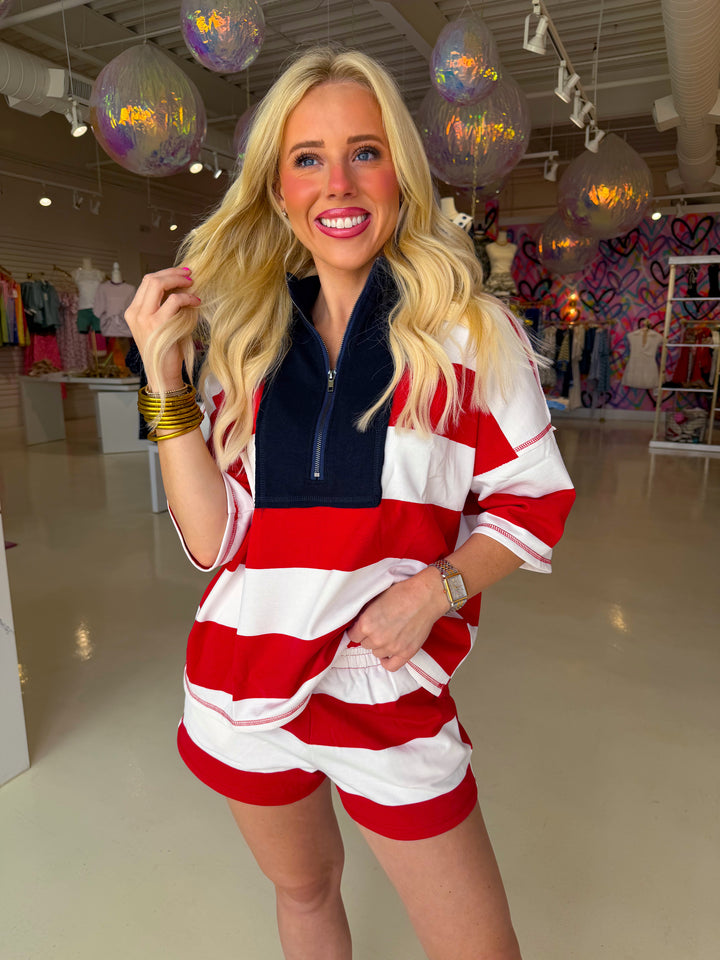 Striped Half Zip Shorts Sleeve Top and  Shorts Set