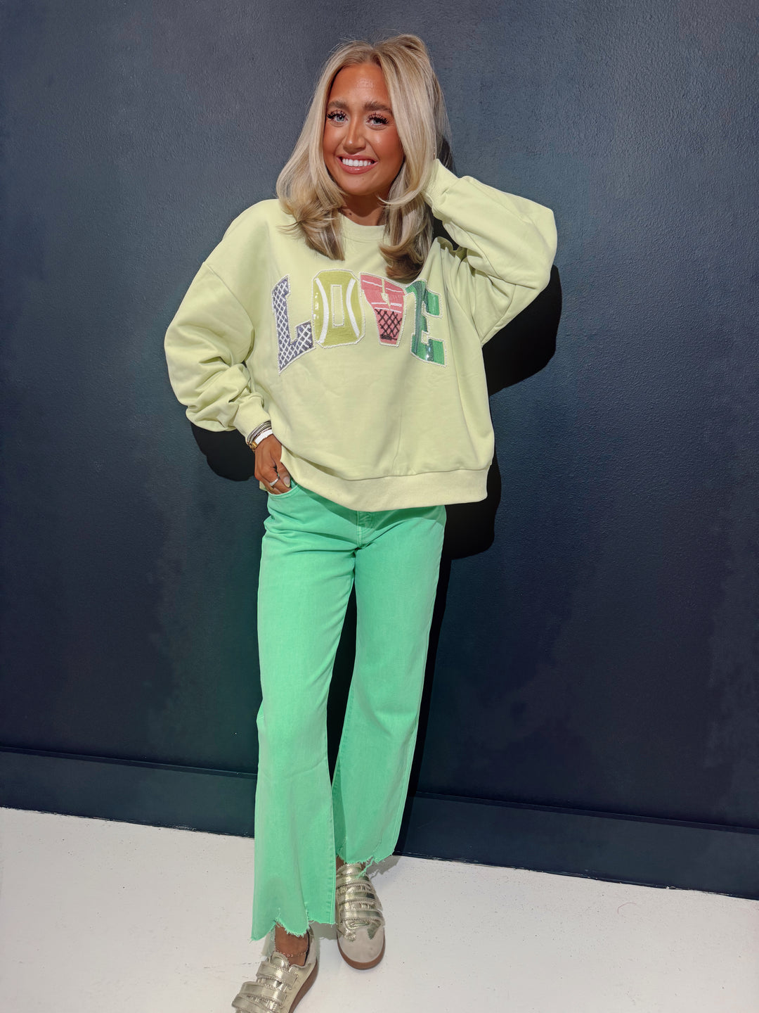 QOS Green Sequin "Love" Sweatshirt