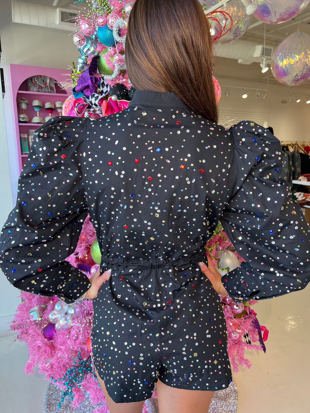 QOS Black Rhinestone Longsleeve Romper