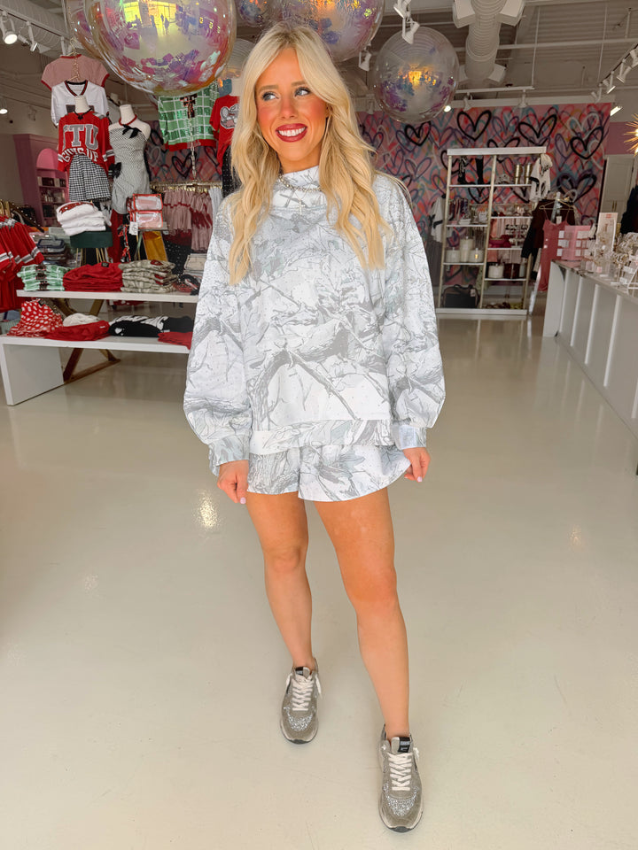 QOS Grey Rhinestone Camo Mockneck