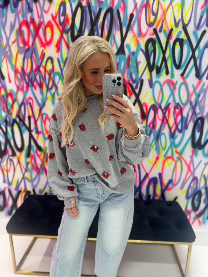 QOS Grey Jewel Lady Bug Sweatshirt