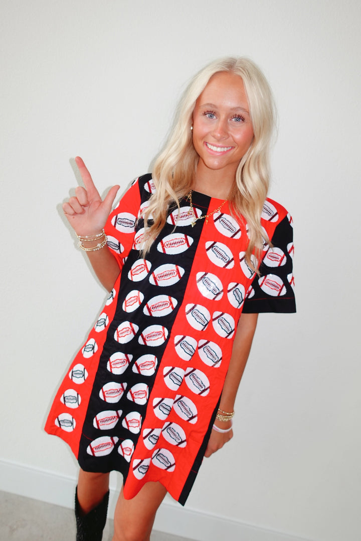 QOS Red & Black Colorblock Football Short Sleeve Dress