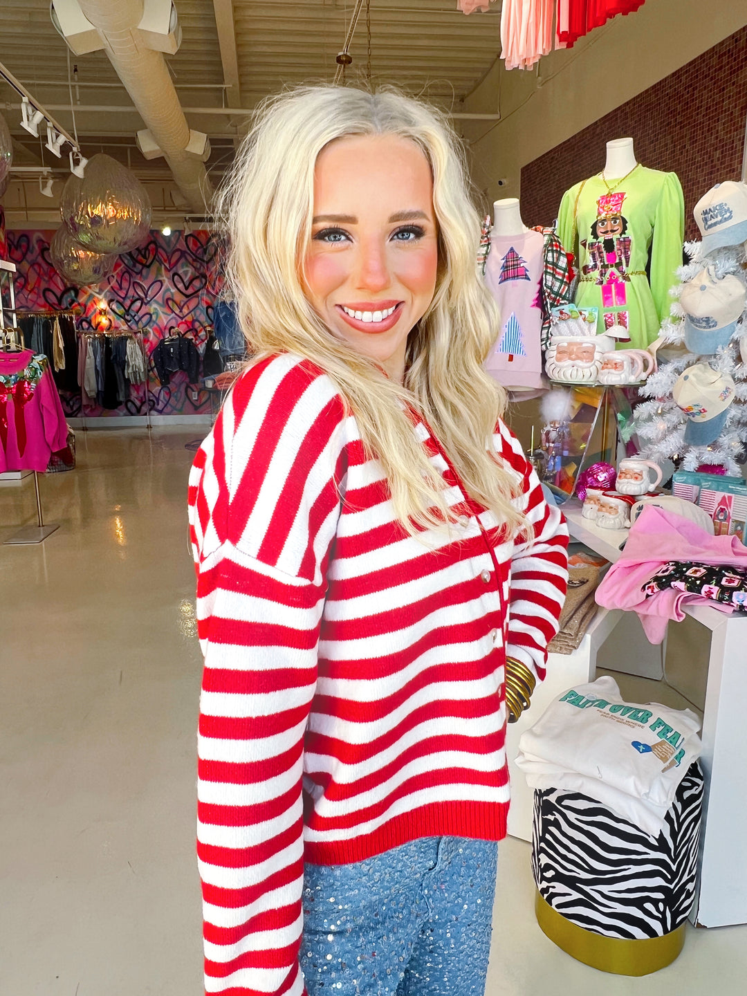 Red and White Striped Button Up