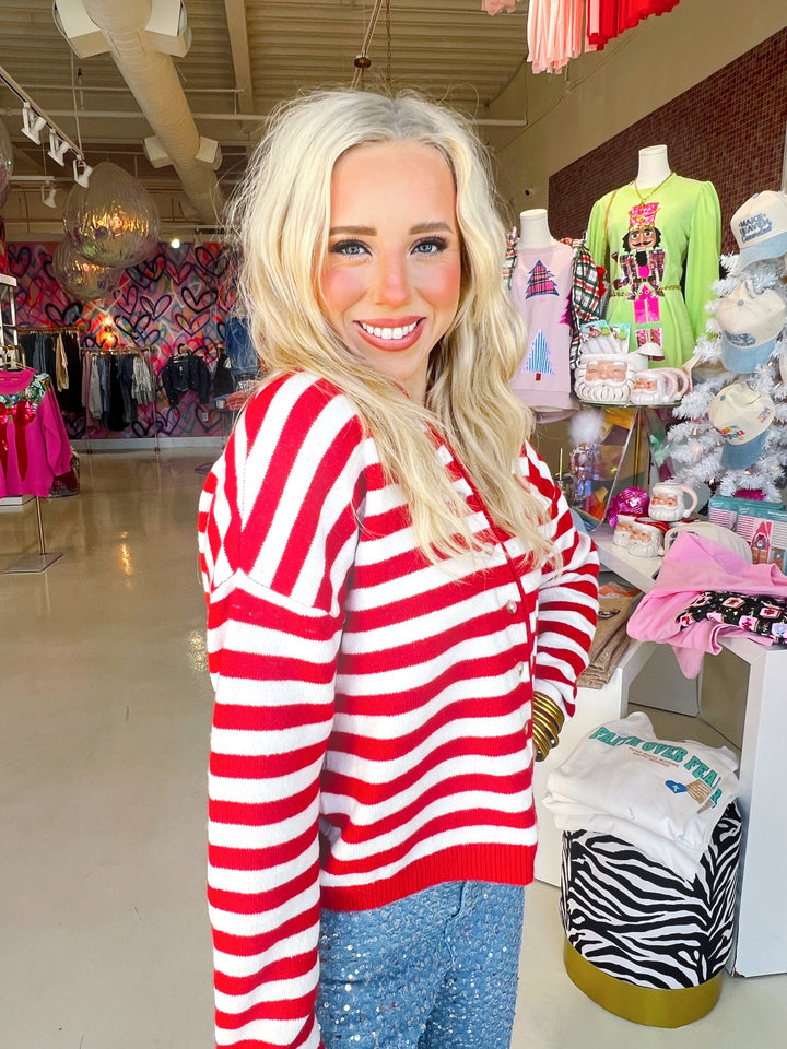 Red and White Striped Button Up