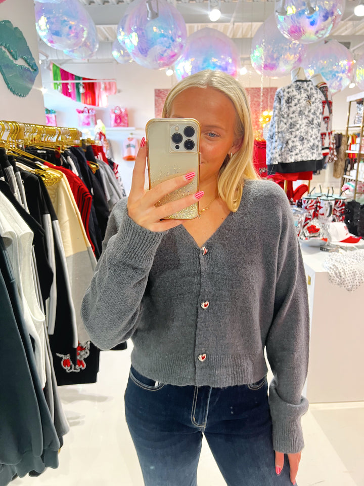 Girly Grey Silver Heart Button Sweater