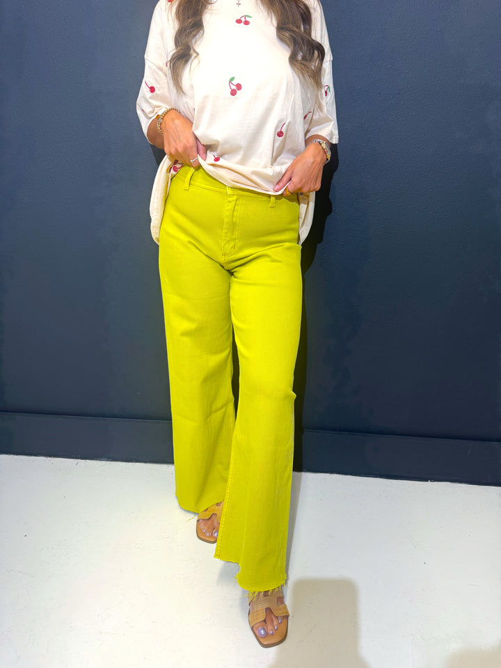 Lime Squeeze Straight Wide Leg Denim Pants