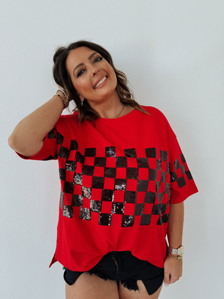 Red & Black Checkered Sequin Loose Fit Top