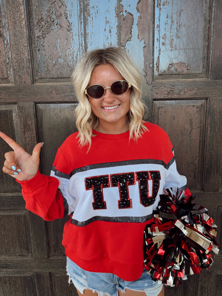 QOS TTU Colorblock Jewel Letter Sweatshirt