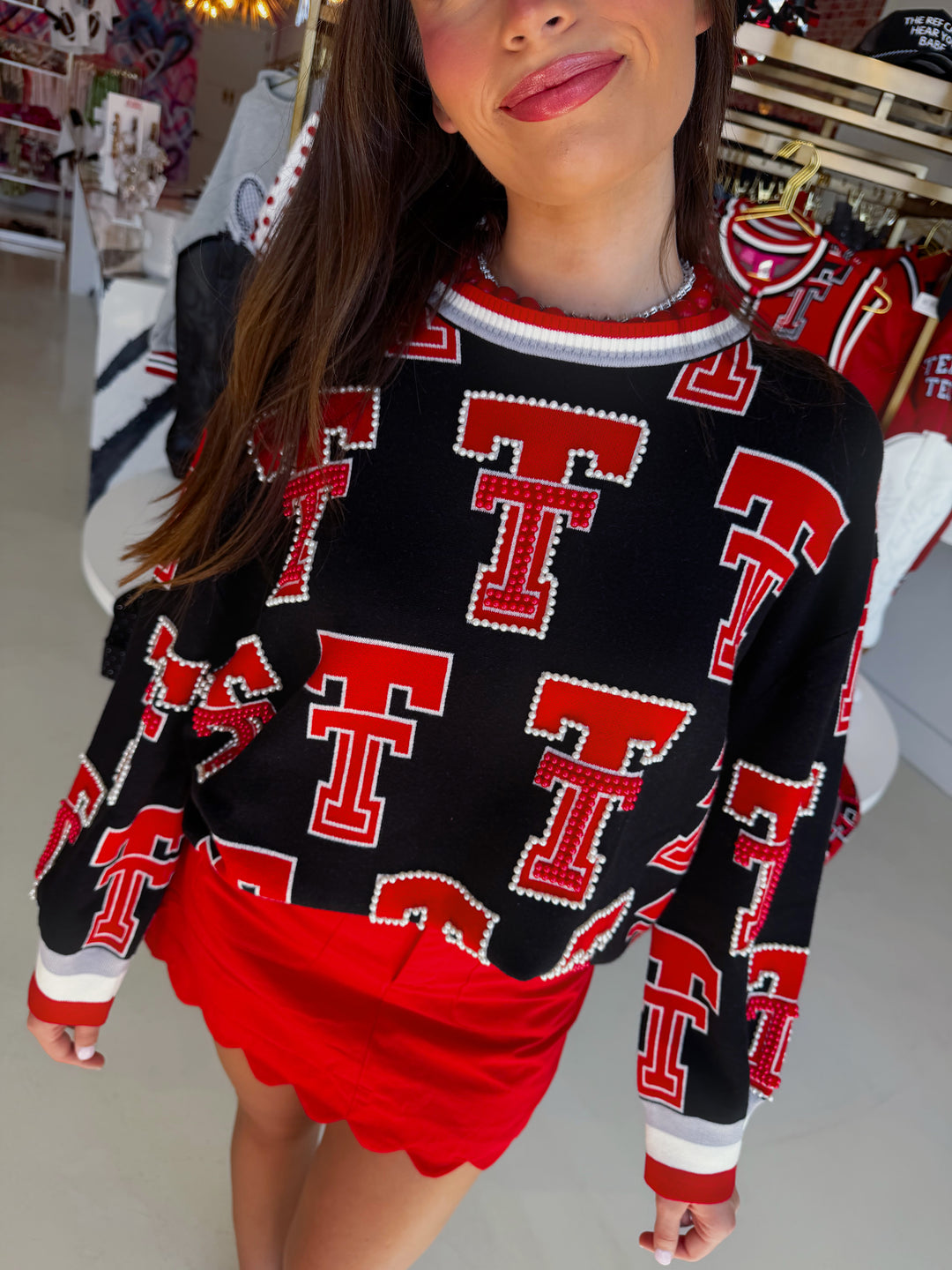 QOS Texas Tech Rhinestone Sport Stripe Sweater