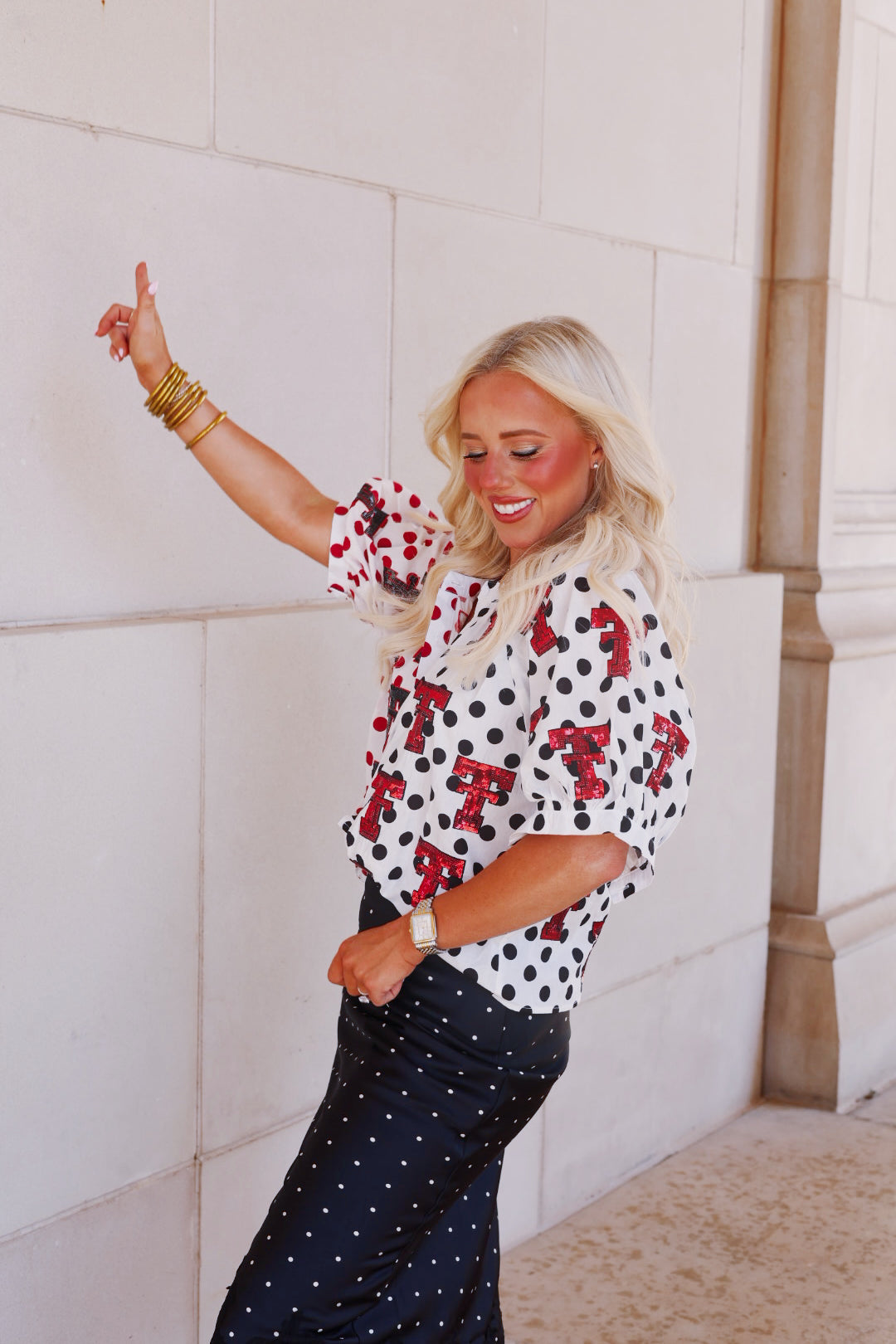 QOS Texas Tech Mascot Polka Dot Color Block Button Up Top