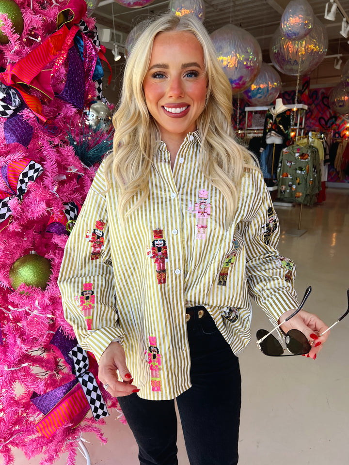 QOS Gold Metallic Stripe Nutcracker Button Up Top