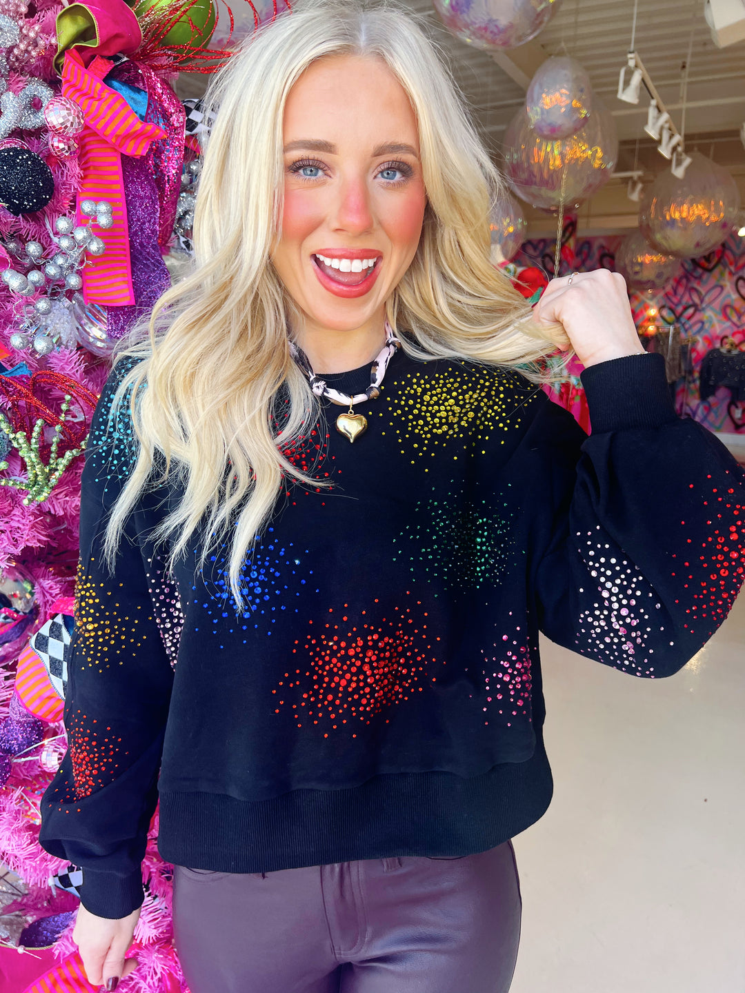 QOS Rhinestone Firework Black Longsleeve