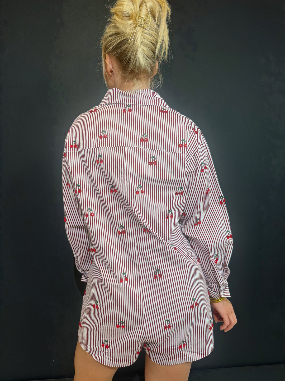 QOS Button Up Jeweled Cherry Long Sleeve Romper