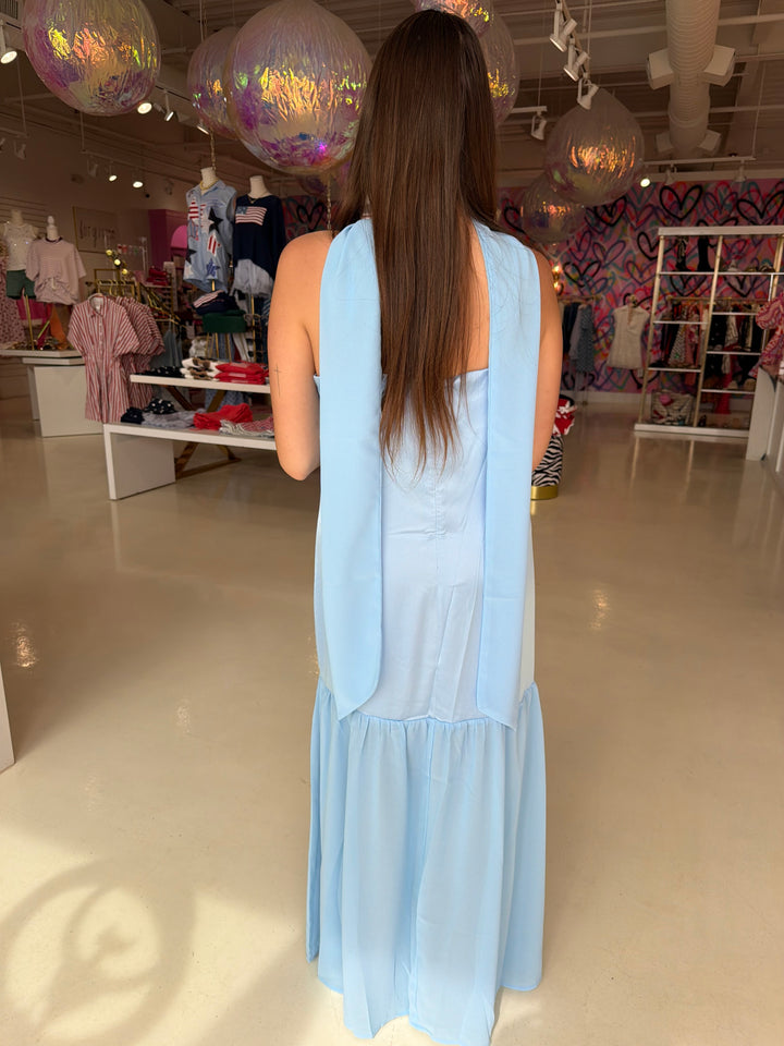 Ocean Blue Dress with Neck Scarf