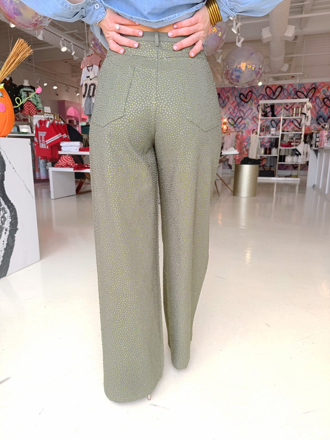 Queen of Sparkles Olive Green Rhinestone Jeans