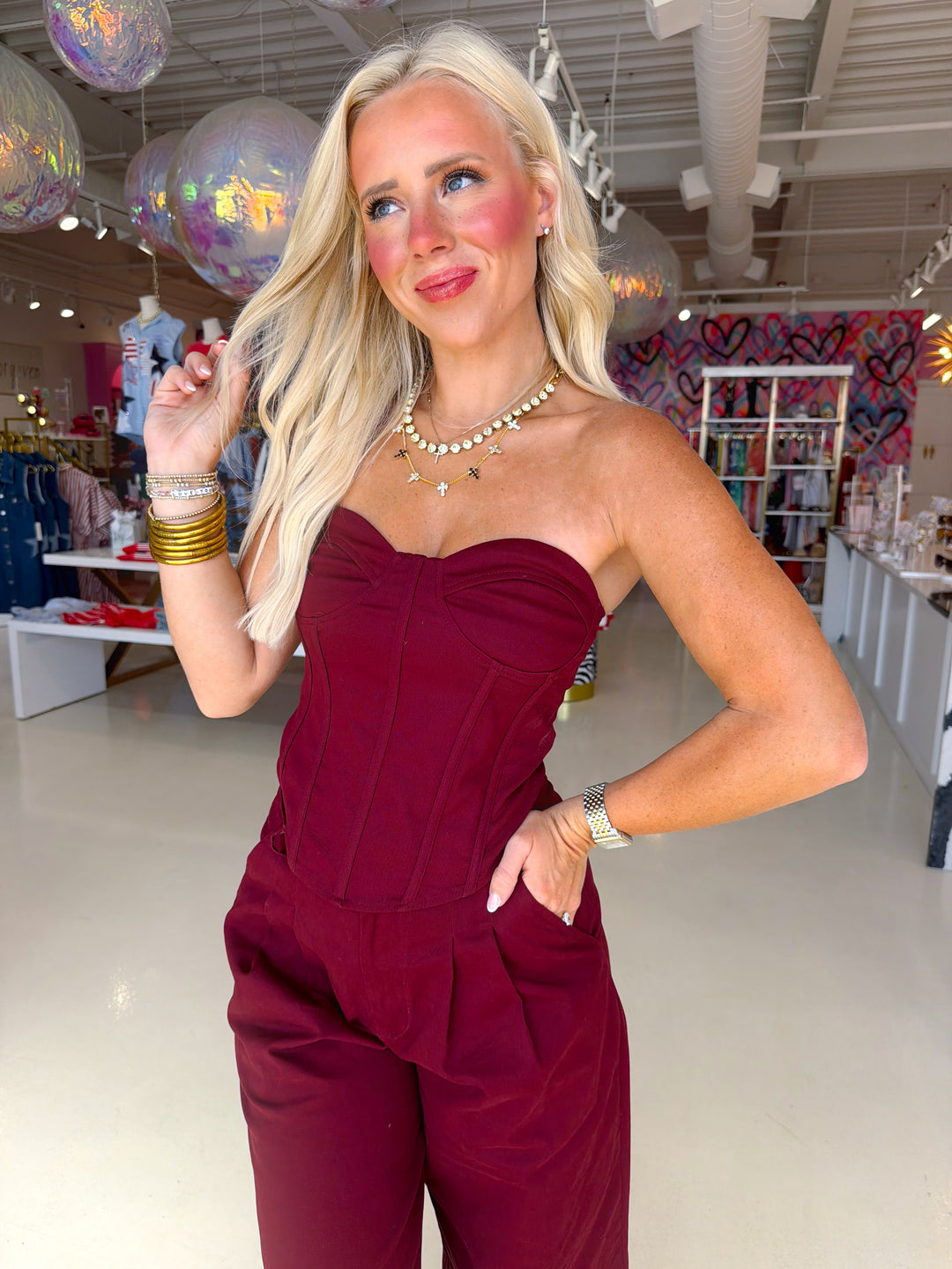 Burgundy Corset Top and Barrel Pant Set