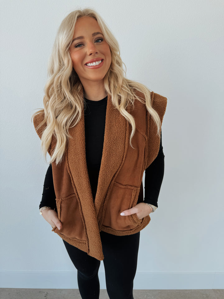 Camel Suede Oversized Open Vest