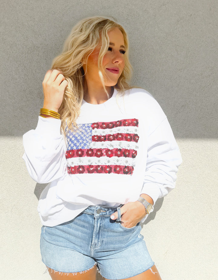 QOS American Flag Sweatshirt | White