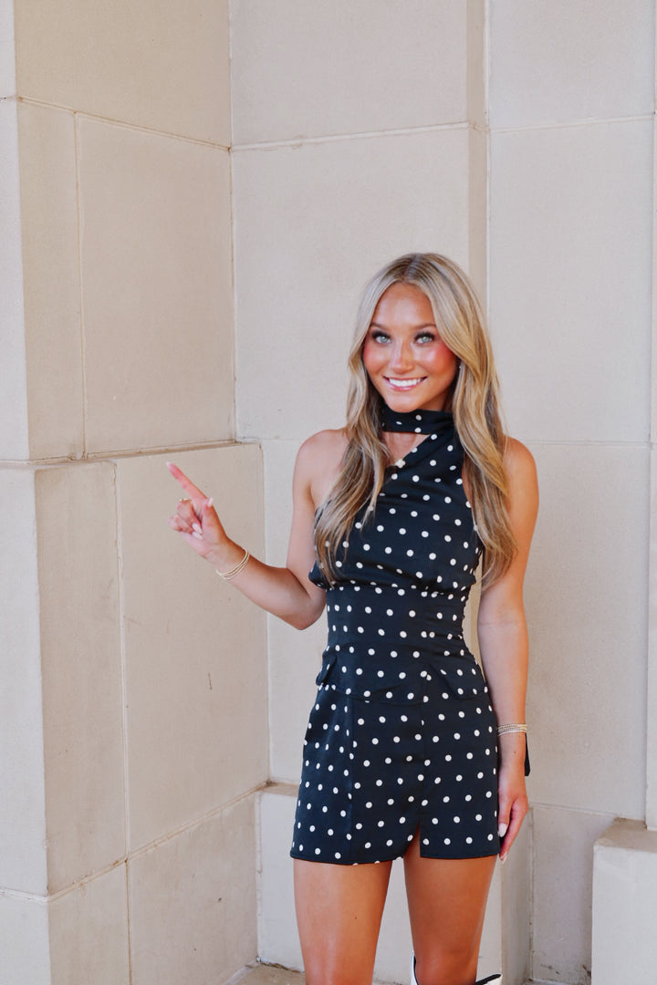 Black & White Halter Neck Polka Dot Top & Skirt Set