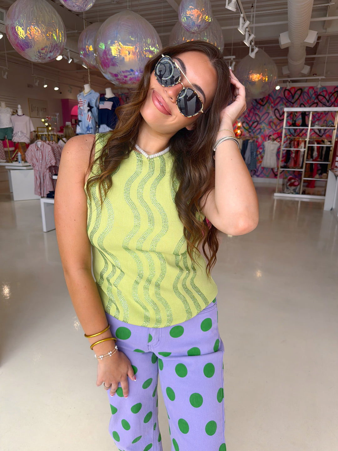 Qos Lime Green Wave Rhinestone Tank Top