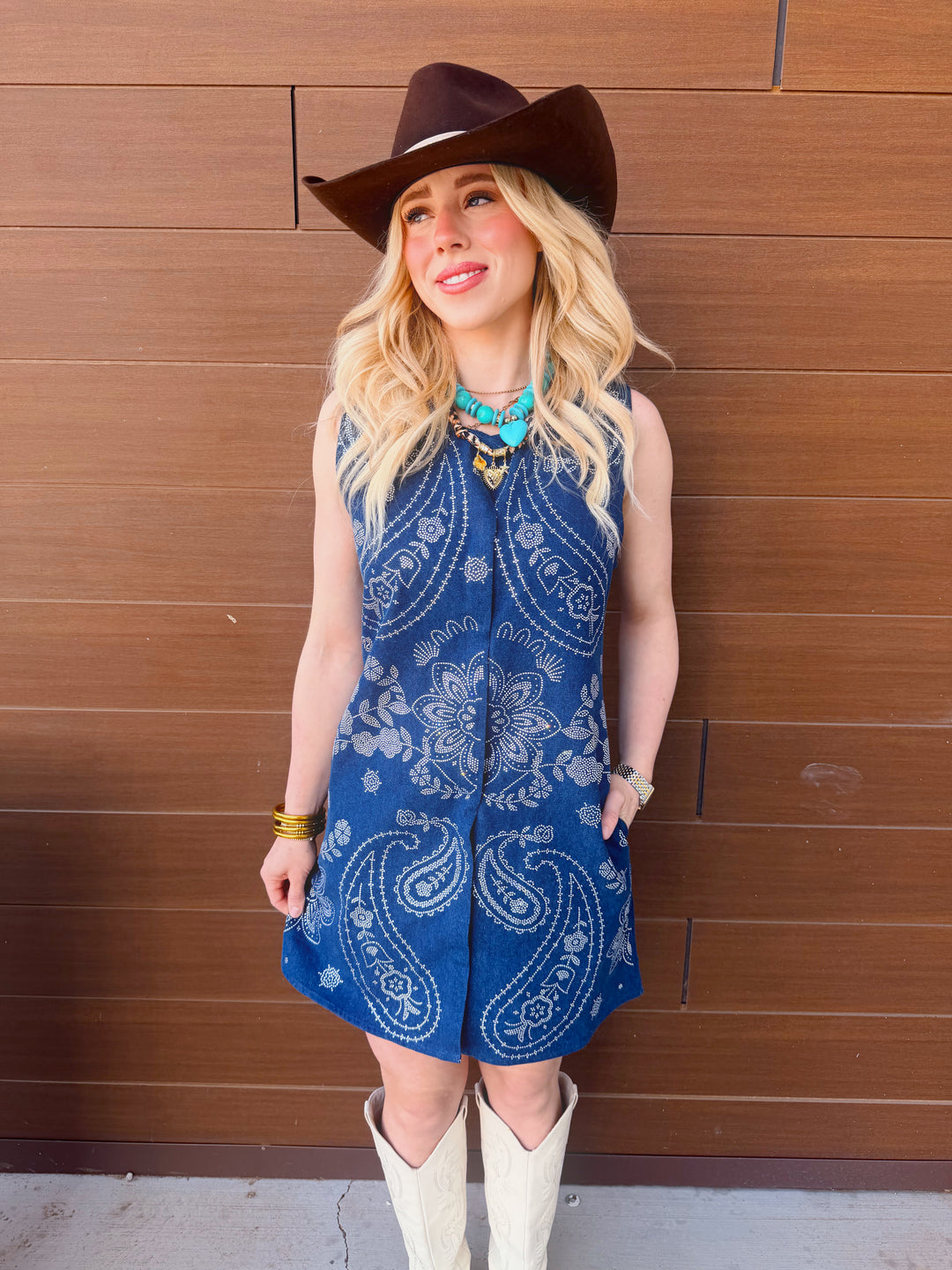 QOS Paisley Denim Button Up Tank Dress