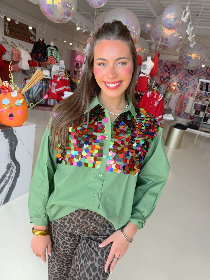QOS Dark Green Multi Sequin Button Up Top
