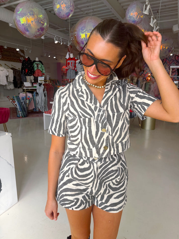 Zebra Denim Button Up Top & Shorts Set