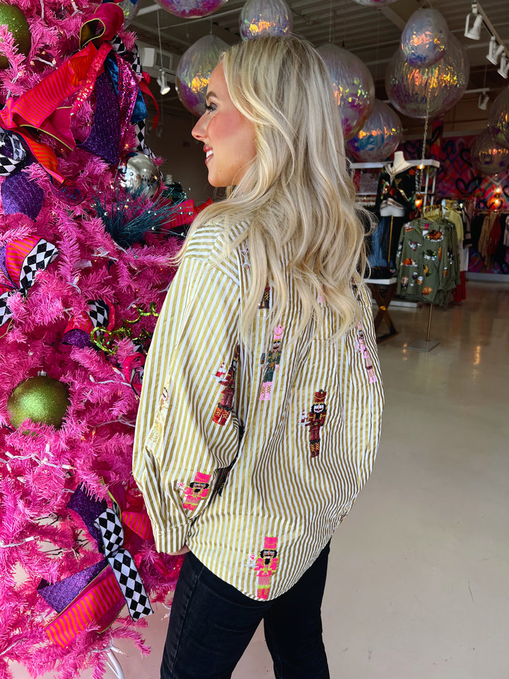 QOS Gold Metallic Stripe Nutcracker Button Up Top