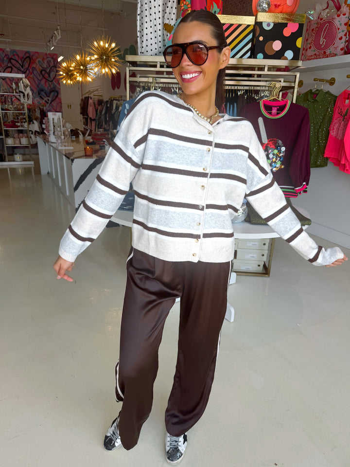 Brown Side Stripe Satin Pants