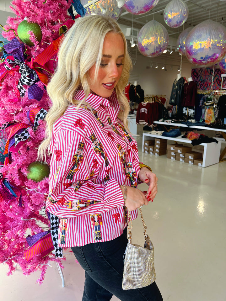 QOS Pink & Red Stripe Christmas Icon Collar Blouse