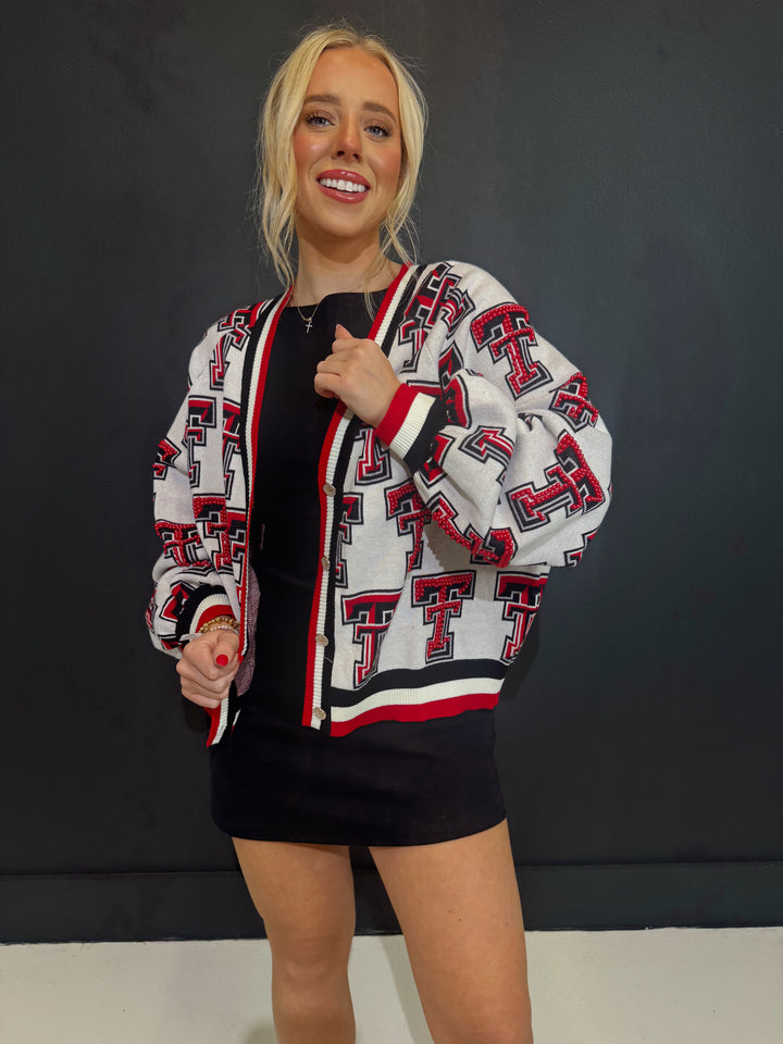 QOS Texas Tech Knit In Rhinestone Cardigan
