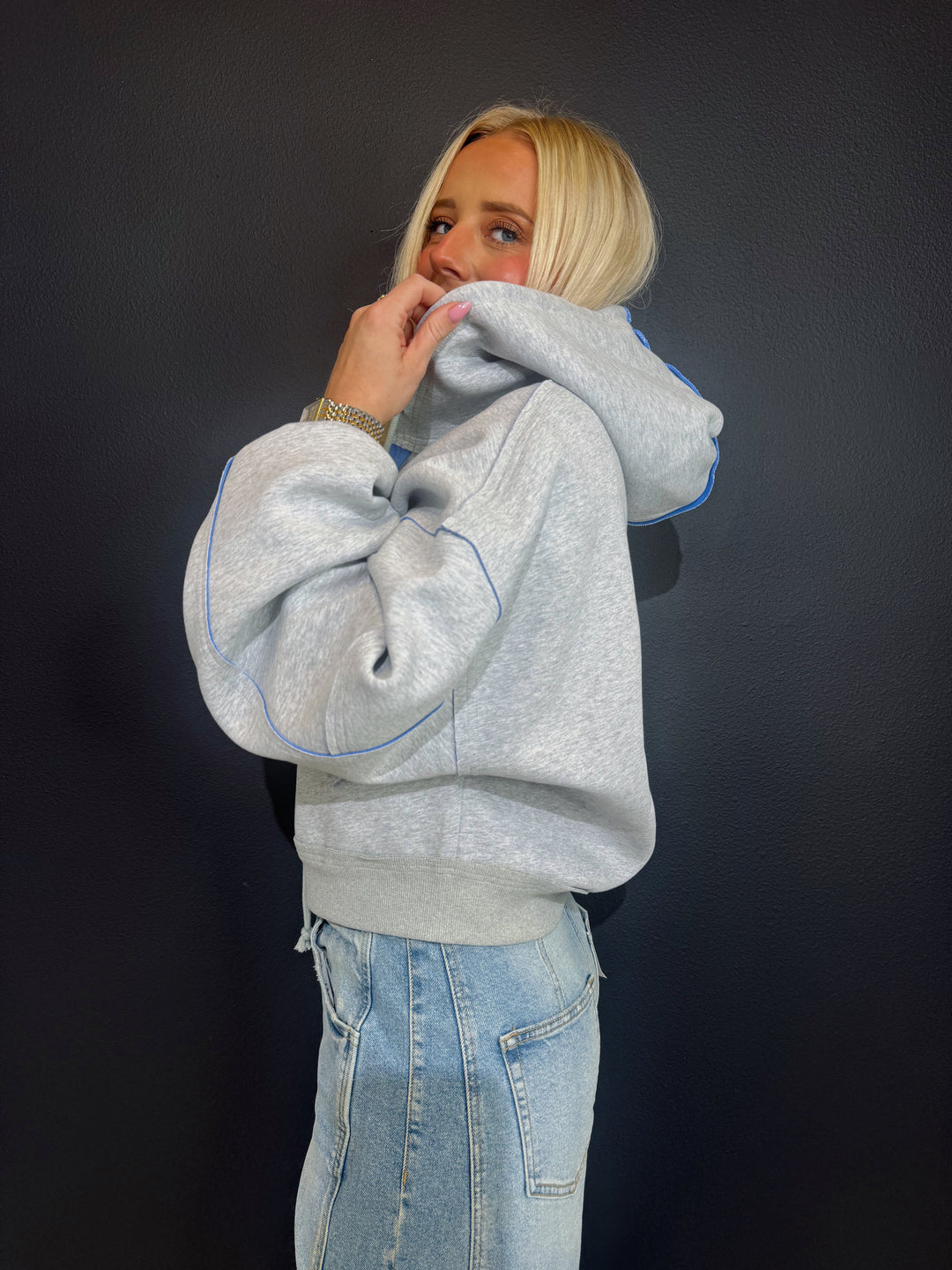 Ansley Ash Grey|Blue Zip Up Hoodie