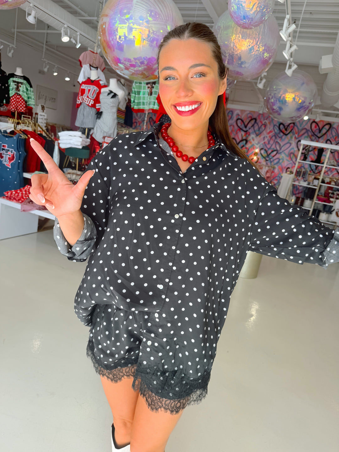 Black Polkadot Lace Short & Oversized Shirt Set