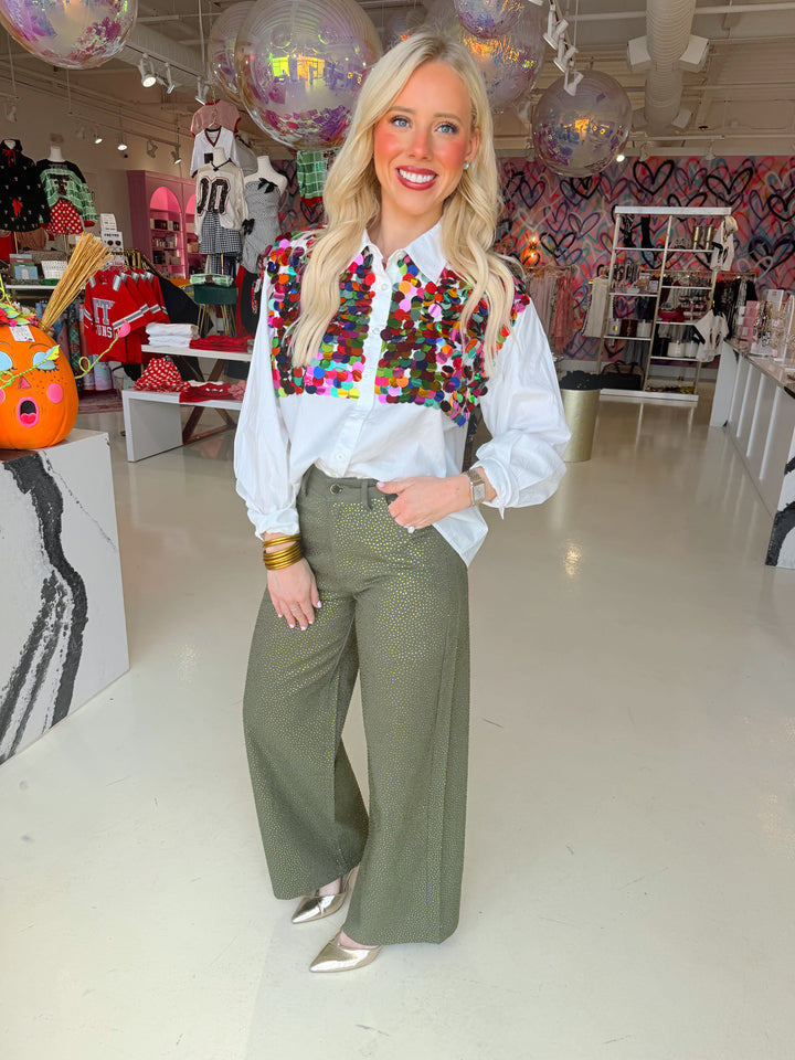 QOS White Multi Color Sequin Button Up Top