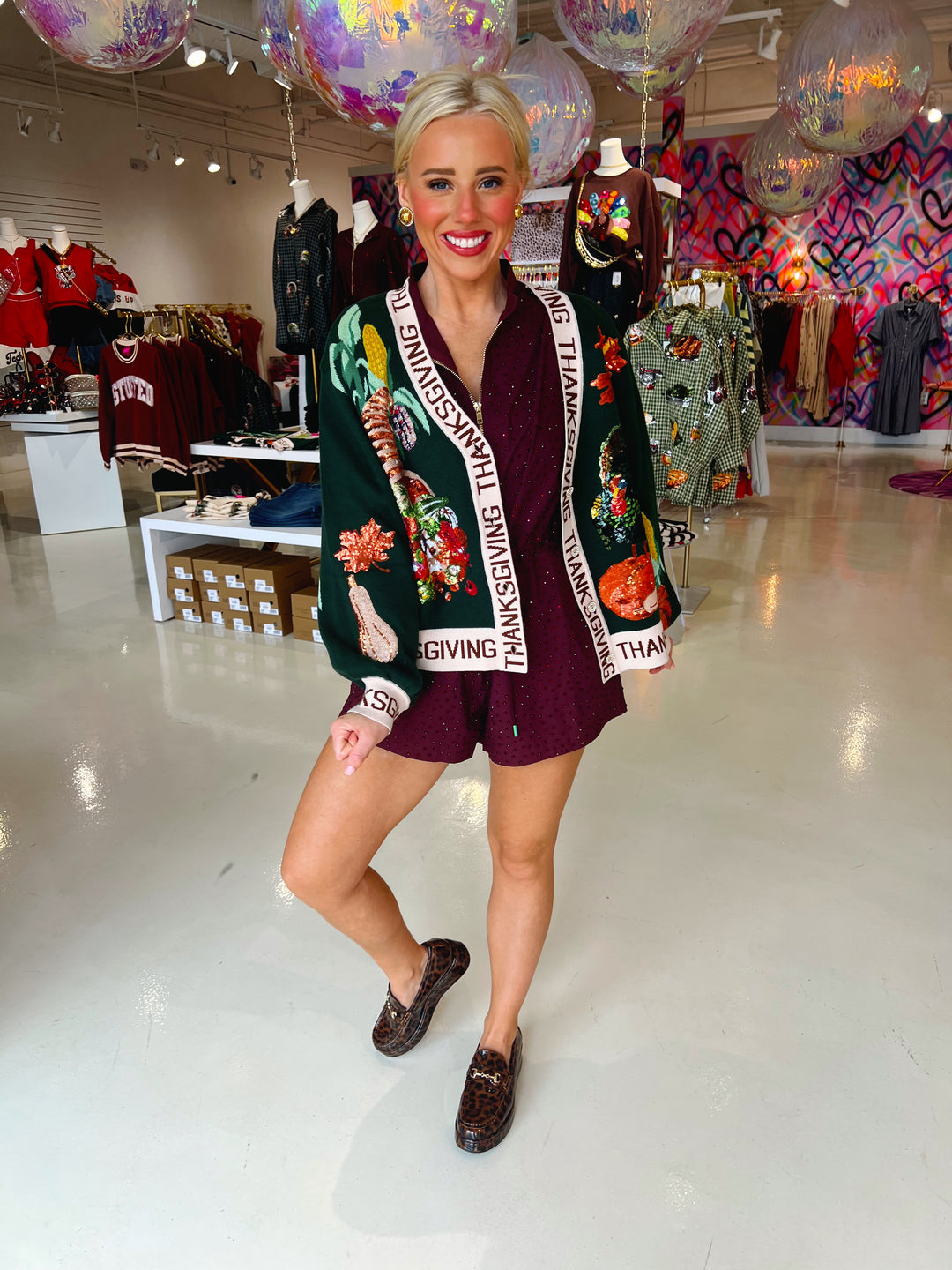 QOS Dark Green Thanksgiving Cardigan