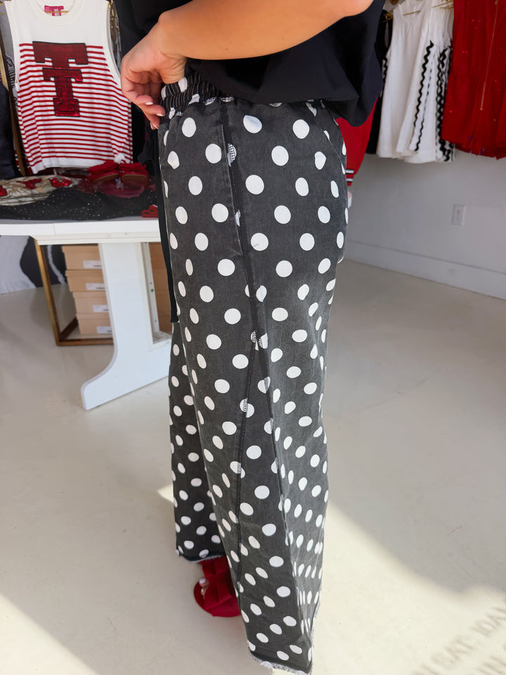 Black Polkadot Raw Hem Wide Leg Pant