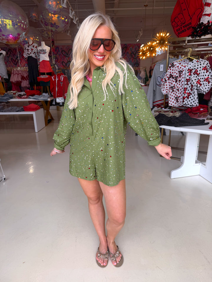 QOS Olive Multi Rhinestone Button Up Romper