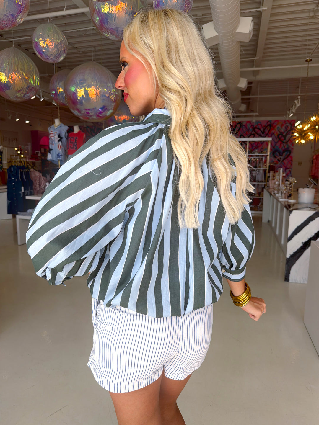 Blue and Green Striped Collar Bubble Sleeve Top