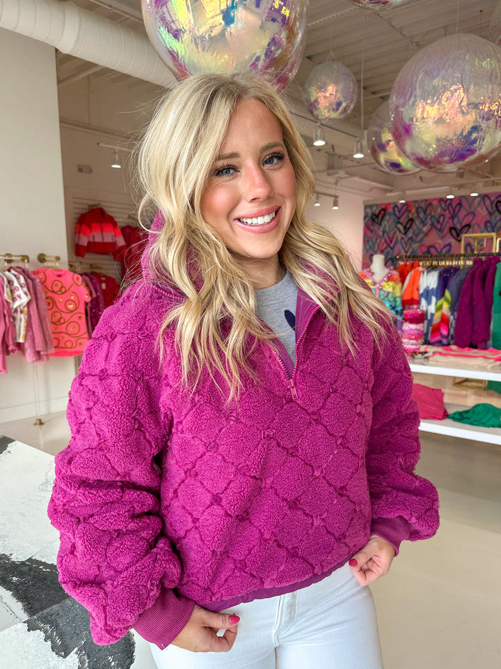Fuchsia Cropped Floral Sherpa Jacket