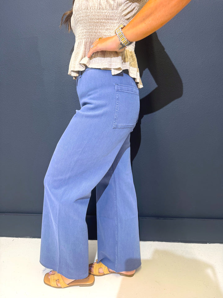 Dusty Blue Straight Wide Leg Denim Pants