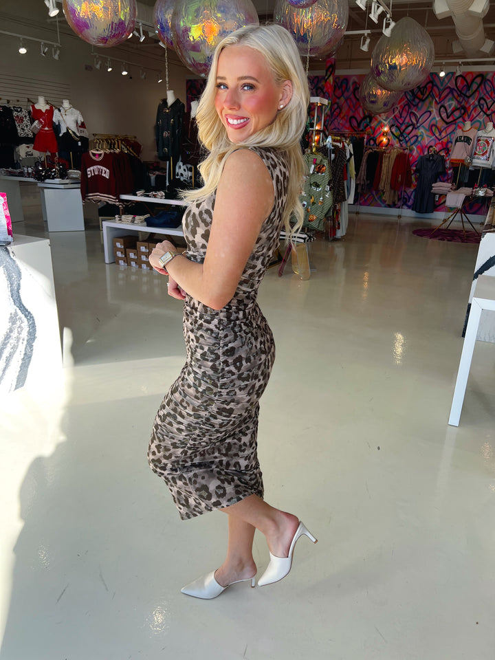 Power Print Mesh Midi Dress