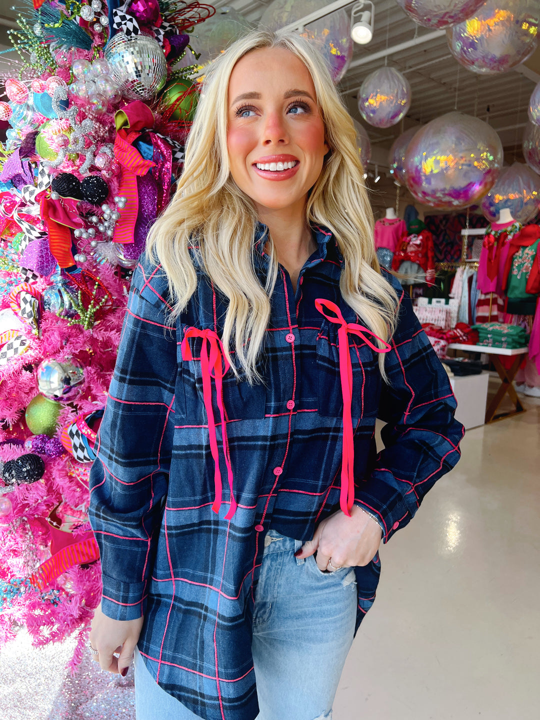 Plaid Ribbon Detail Button Down Top