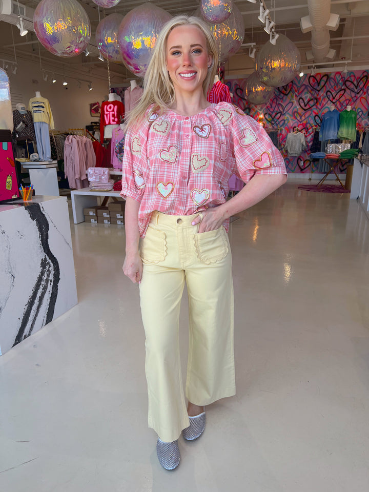 Light Pink & White Plaid Heart Button Down