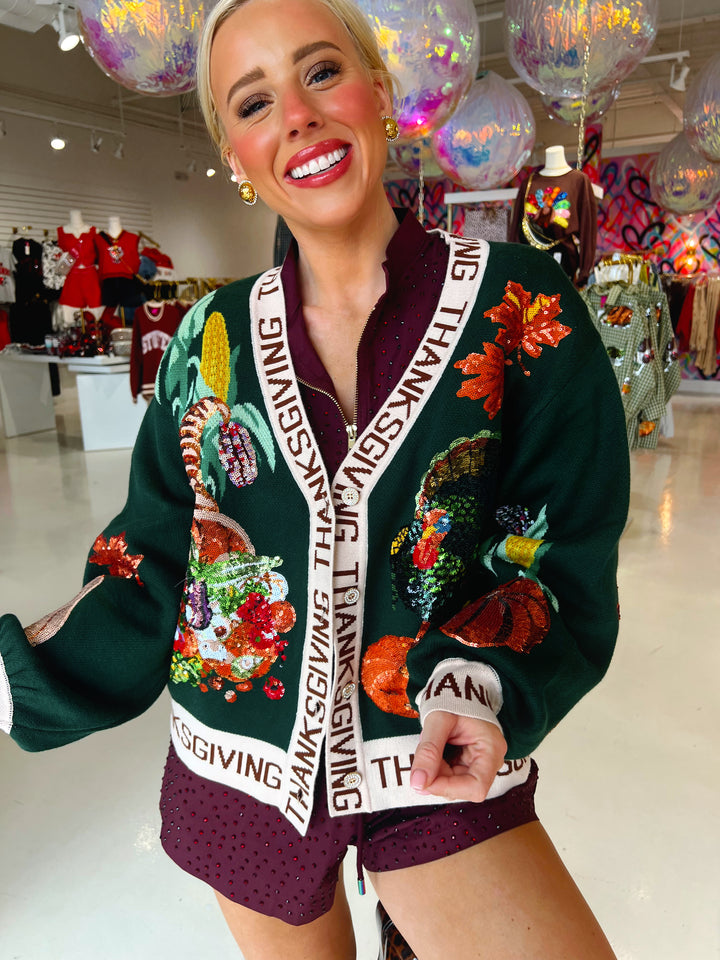 QOS Dark Green Thanksgiving Cardigan