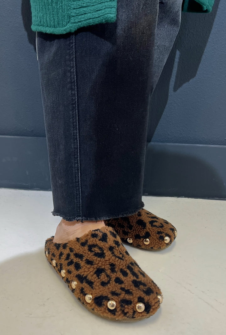 Vintage Havana Fluffy Leopard Gold Dome Stud Slip On Shoe